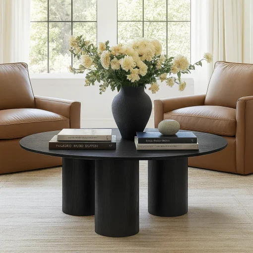 Modern Round Wooden Coffee Table With Cylindrical Legs - Image 5