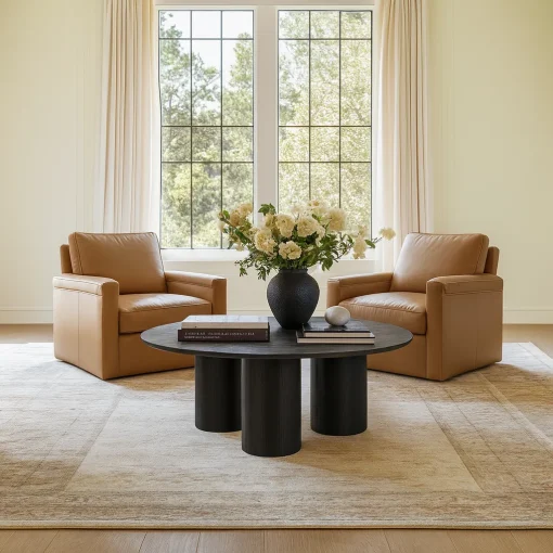 Modern Round Wooden Coffee Table With Cylindrical Legs - Image 3