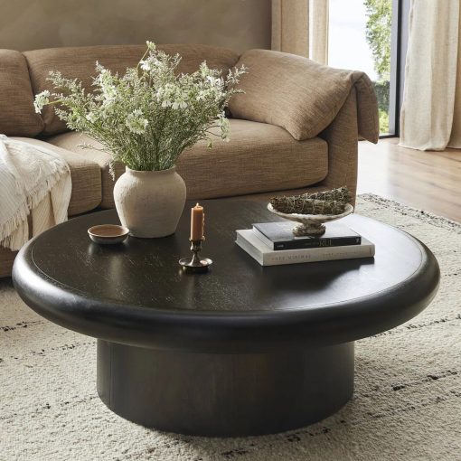 Modern Round Wooden Coffee Table With Minimalist Base - Image 2