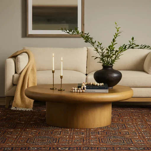 Modern Round Wooden Coffee Table With Minimalist Base - Image 3