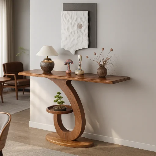 Modern Wooden Console Table With Abstract Base - Image 2
