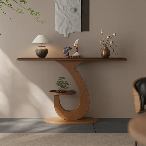 Modern Wooden Console Table With Abstract Base - Image 3