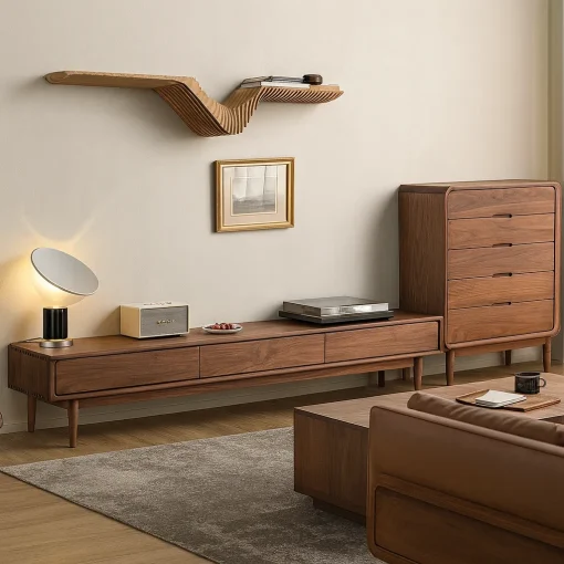 Modern Wooden Low TV Stand With Drawers - Image 4