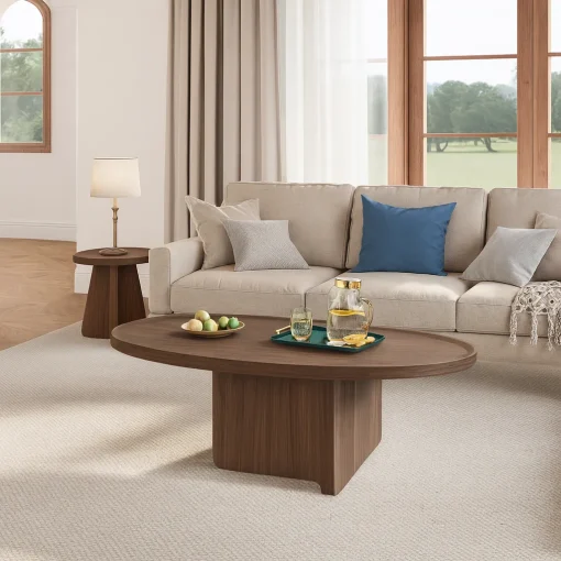 Modern Wooden Oval Coffee Table With Central Support - Image 4