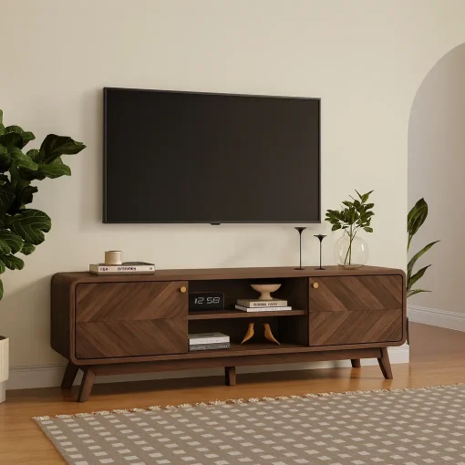Modern Wooden TV Stand With Chevron Pattern Doors - Image 2
