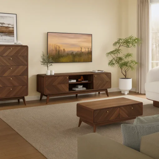 Modern Wooden TV Stand With Chevron Pattern Doors - Image 3
