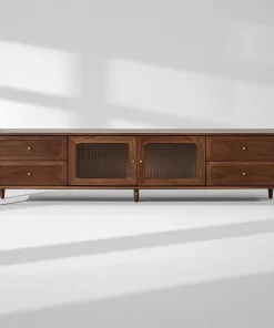 Modern Wooden TV Stand With Glass Doors And Drawers