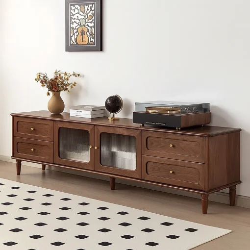 Modern Wooden TV Stand With Glass Doors And Drawers - Image 3
