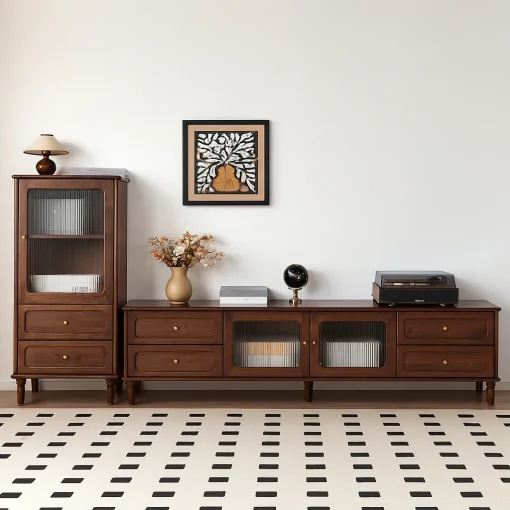 Modern Wooden TV Stand With Glass Doors And Drawers - Image 2