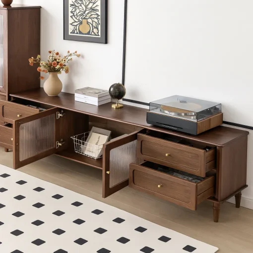 Modern Wooden TV Stand With Glass Doors And Drawers - Image 4
