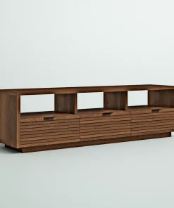 Modern Wooden TV Stand With Open Storage And Slatted Drawers