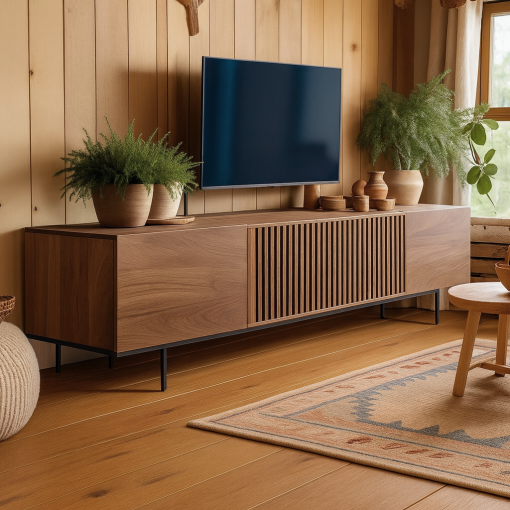 Modern Wooden TV Stand With Slatted Doors - Image 4