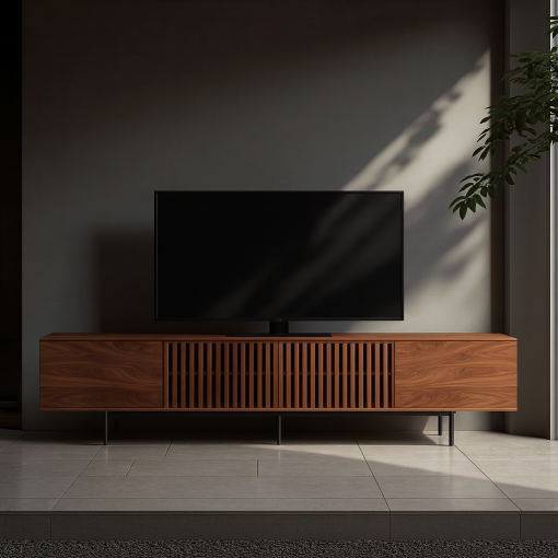 Modern Wooden TV Stand With Slatted Doors - Image 3