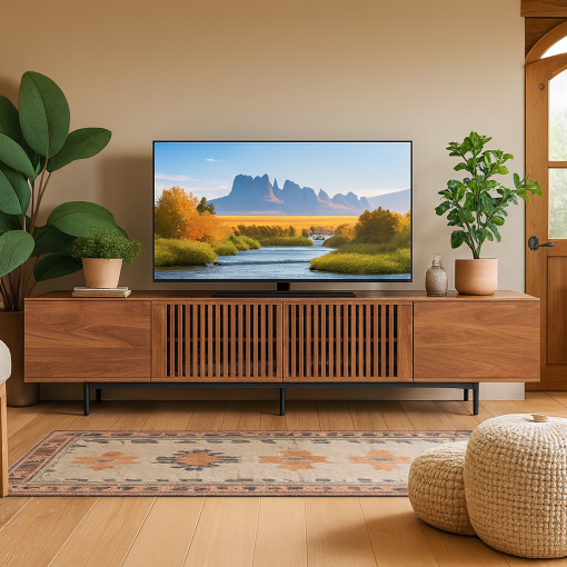 Modern Wooden TV Stand With Slatted Doors - Image 2