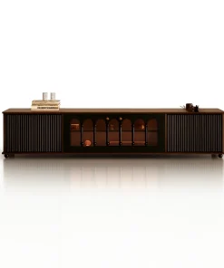 Modern Wooden TV Stand With Sliding Doors And Storage Compartments