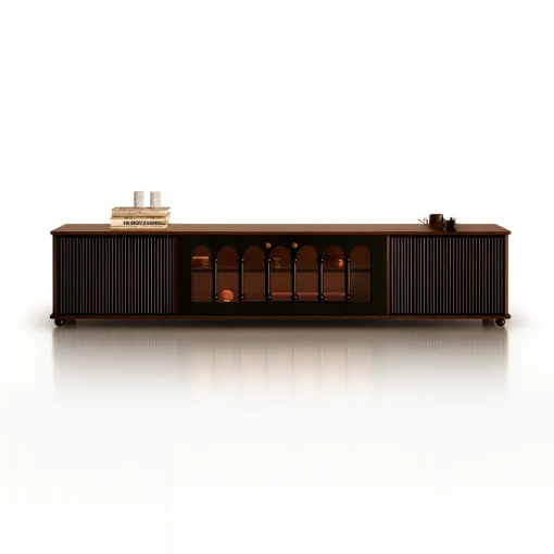 Modern Wooden TV Stand With Sliding Doors And Storage Compartments