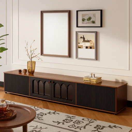 Modern Wooden TV Stand With Sliding Doors And Storage Compartments - Image 4
