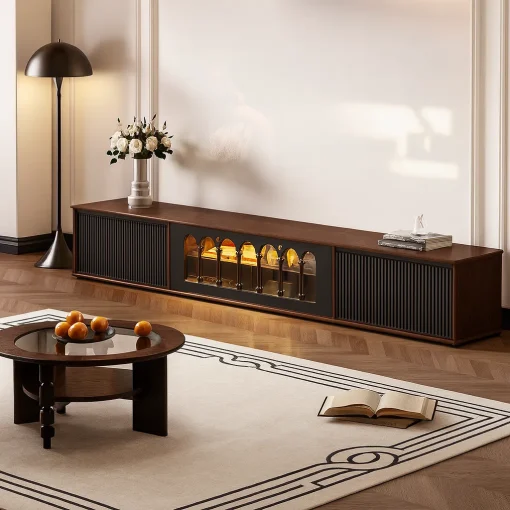 Modern Wooden TV Stand With Sliding Doors And Storage Compartments - Image 2