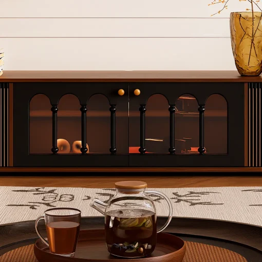 Modern Wooden TV Stand With Sliding Doors And Storage Compartments - Image 3