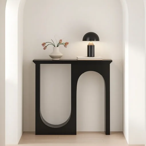 Scandinavian Wooden Console Table With Geometric Base - Image 4